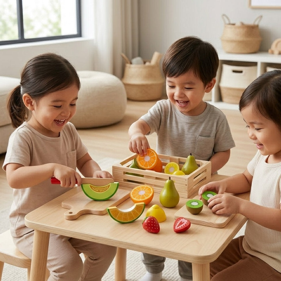 Lumazilo Montessori Wooden Cutting Fruit Set – Early Learning Kitchen Toy for Toddlers, Fine Motor Skills Development & Color Recognition Kit