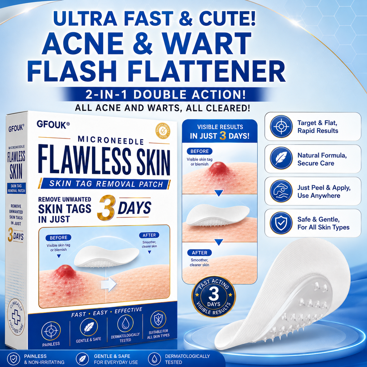 🔥GFOUK® 2026 Newly Upgraded 2-in-1 Microneedle Hydrocolloid Patches | Removes Raised Moles, Acne, Flat Warts, and Skin Tags | Improves Wrinkles, Scars, and Blemishes | Invisible Acne Patches for Face & Body