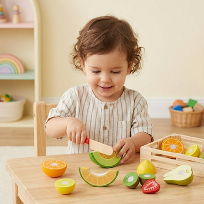 Lumazilo Montessori Wooden Cutting Fruit Set – Early Learning Kitchen Toy for Toddlers, Fine Motor Skills Development & Color Recognition Kit