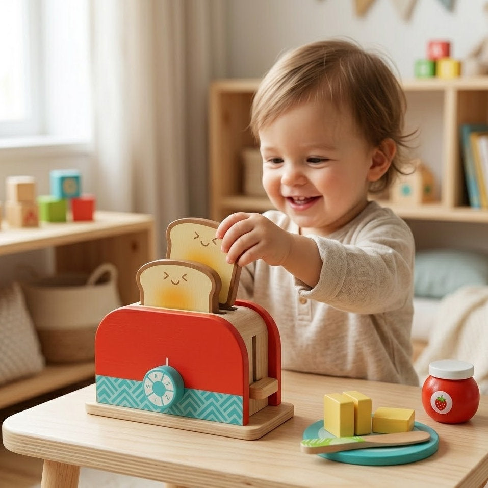 Lumazilo Montessori Wooden Toaster Toy Set – Pop-up Interactive Play Kitchen Accessories, Early Learning Breakfast Set for Toddlers & Preschoolers