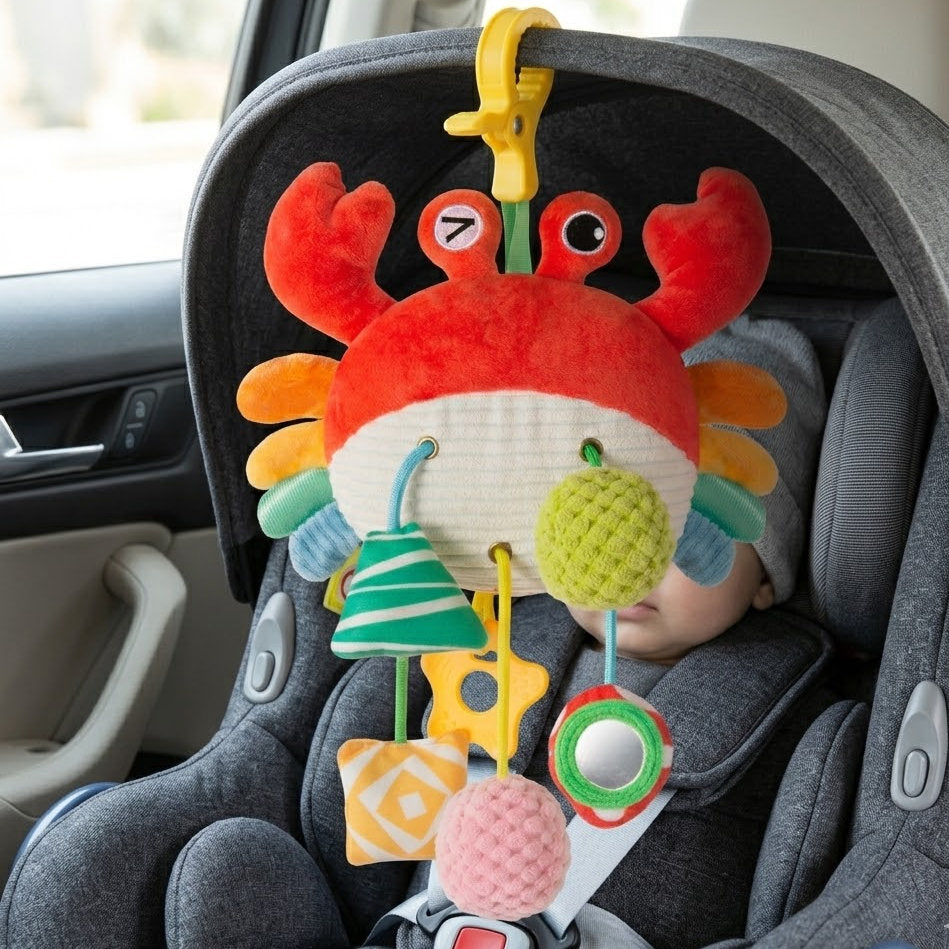 Lumazilo | 3-in-1 Baby Crab Stroller & Car Seat Toy - Sensory Development Hanging Toy with Teether, Mirror & Rattles for Infants