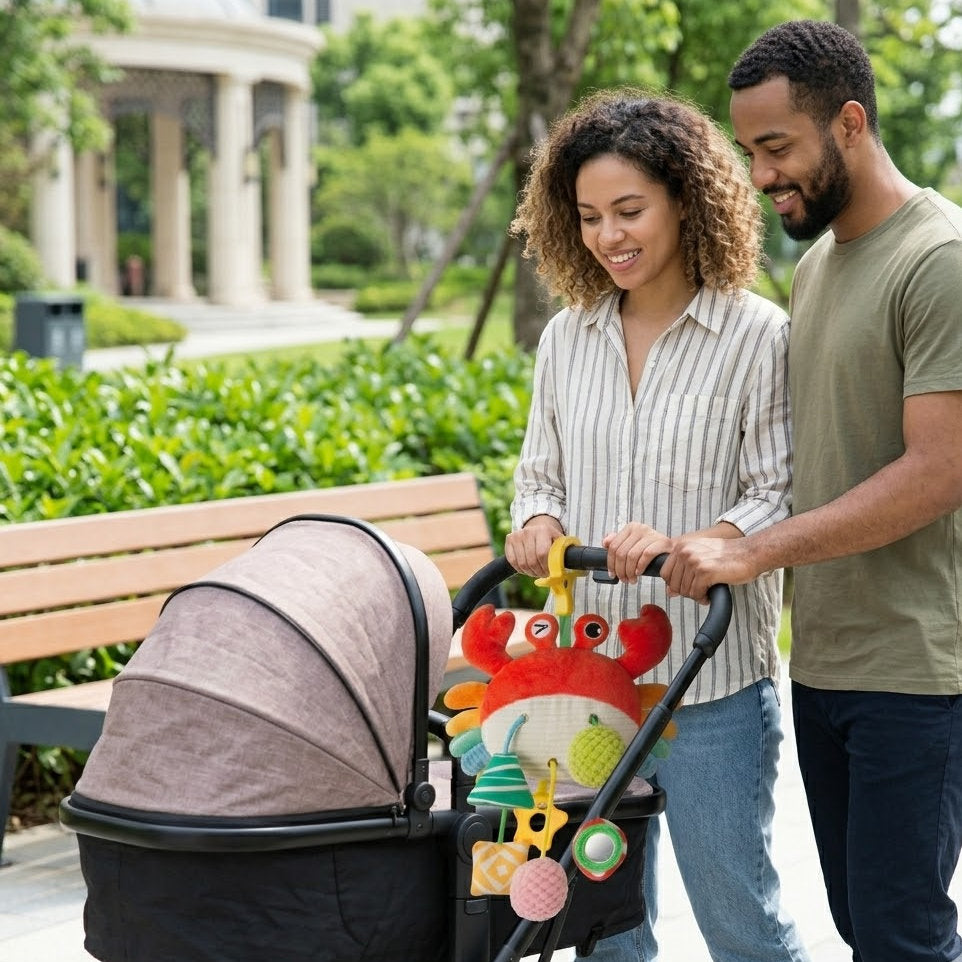 Lumazilo | 3-in-1 Baby Crab Stroller & Car Seat Toy - Sensory Development Hanging Toy with Teether, Mirror & Rattles for Infants