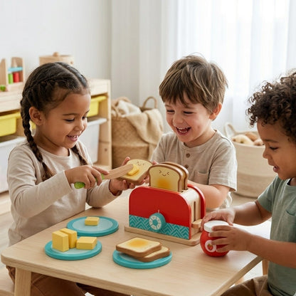 Lumazilo Montessori Wooden Toaster Toy Set – Pop-up Interactive Play Kitchen Accessories, Early Learning Breakfast Set for Toddlers & Preschoolers