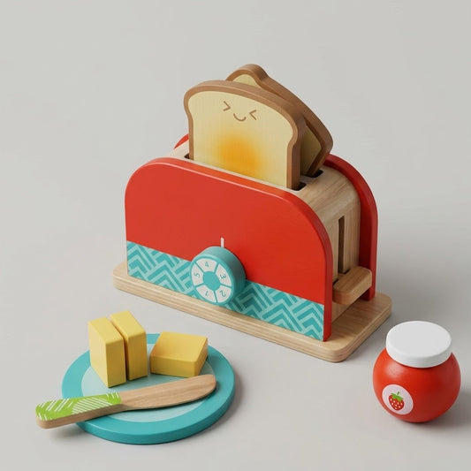 Lumazilo Montessori Wooden Toaster Toy Set – Pop-up Interactive Play Kitchen Accessories, Early Learning Breakfast Set for Toddlers & Preschoolers